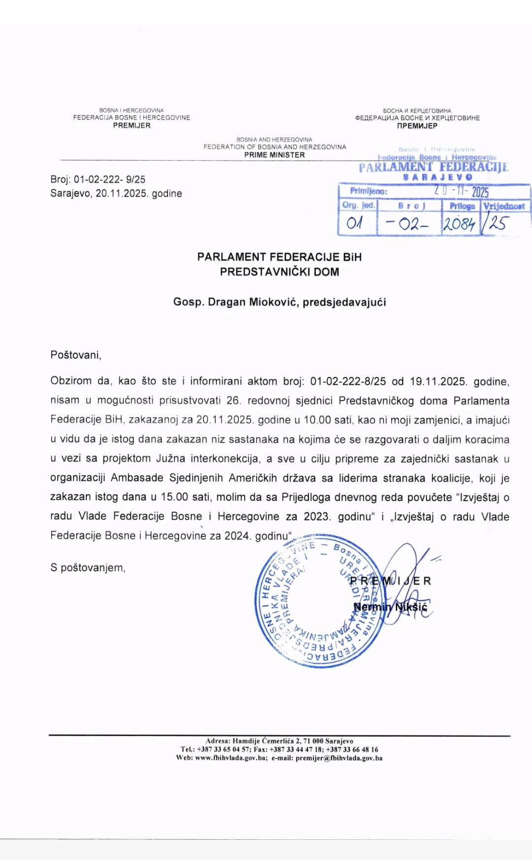 Nikšićev dopis Parlamentu