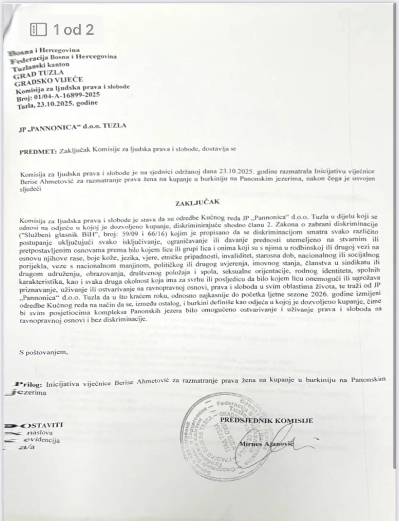 Zaključak Komisije za ljudska prava i slobode Gradskog vijeća Tuzla