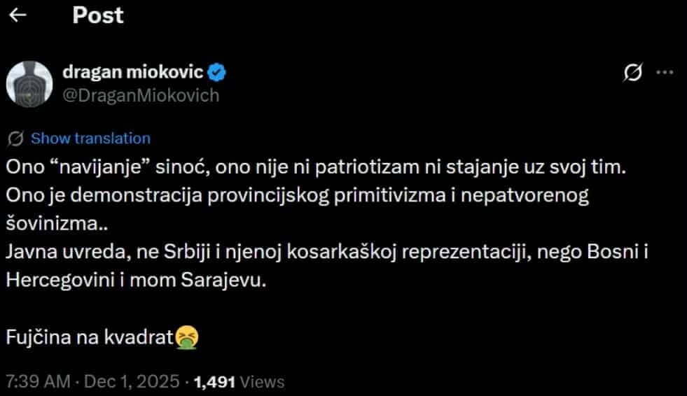 Objava Dragana Miokovića