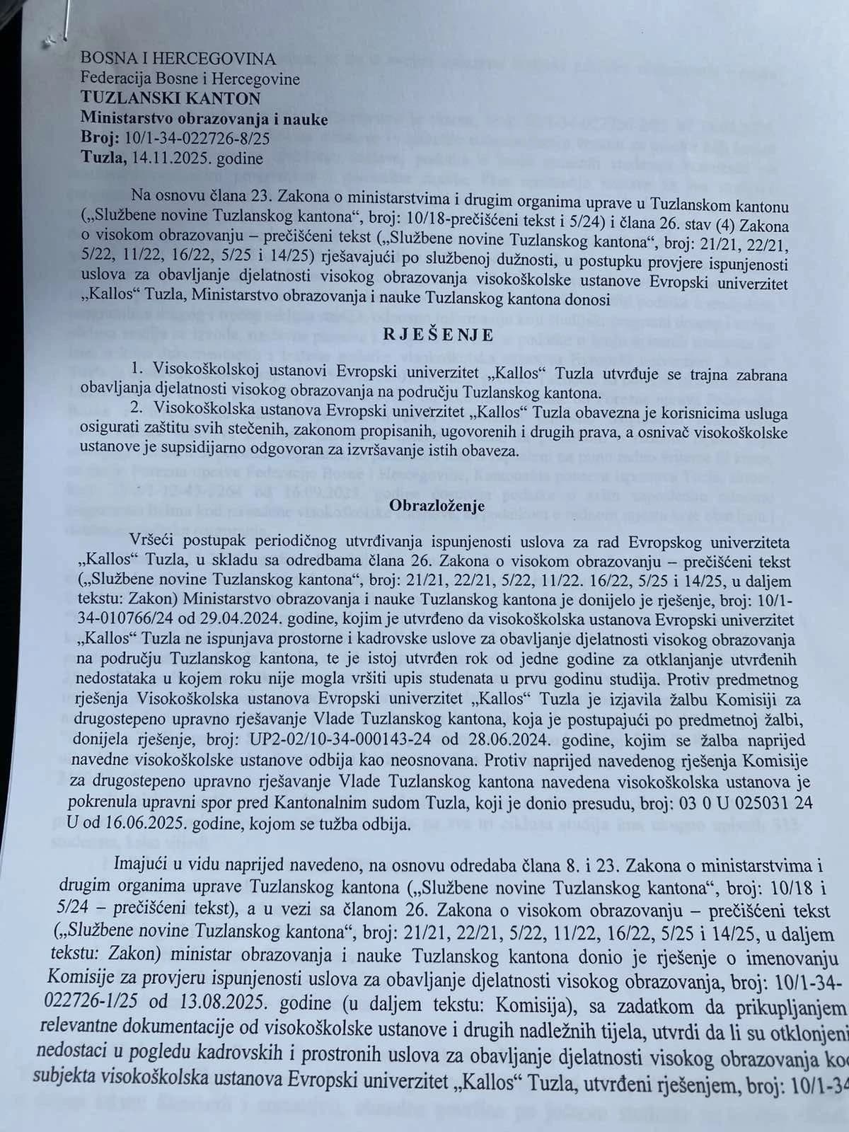 Rješenje Ministartva obrazovanja i nauke TK
