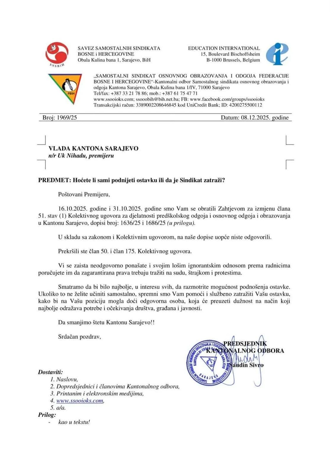 Dopis upućen premijeru KS Nihadu Uku