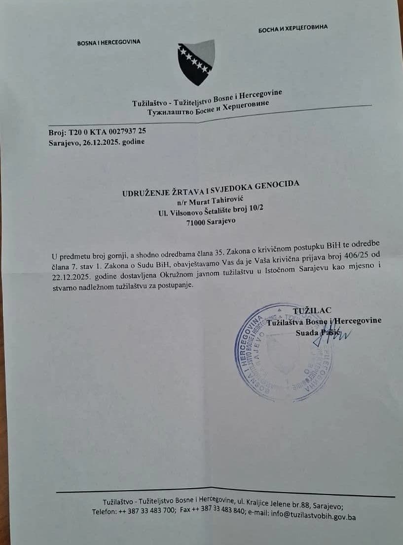 Obavijest iz Tužilaštva BiH