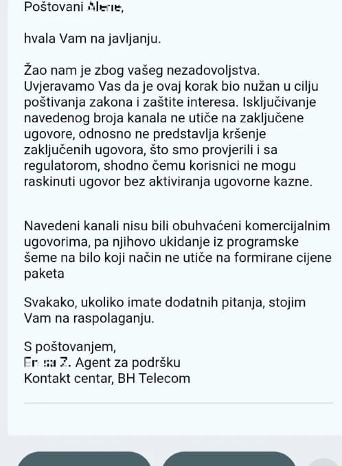 Mail koji je korisnik dobio od BH Telecoma