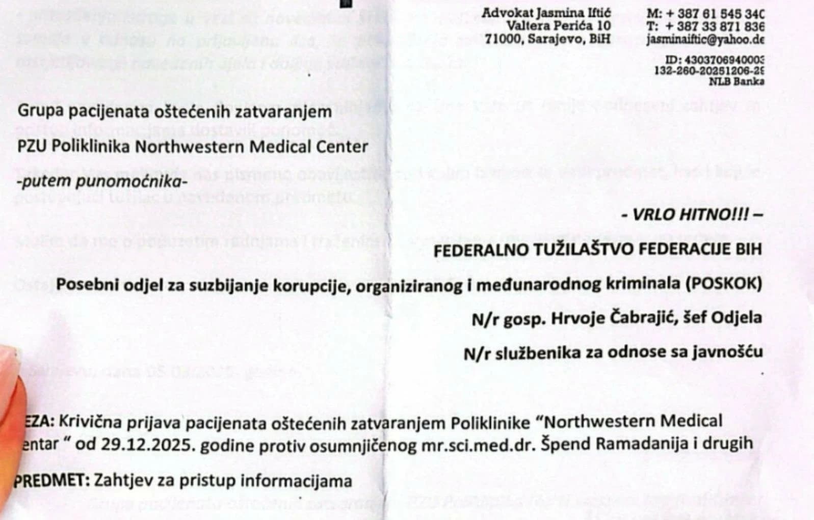 Zahtjev upućen POSKOK-u