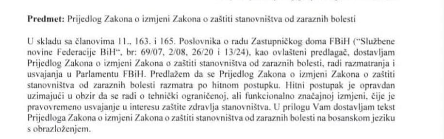 Inicijativa za izmjenu Zakona o zaštiti od zaraznih bolesti FBiH