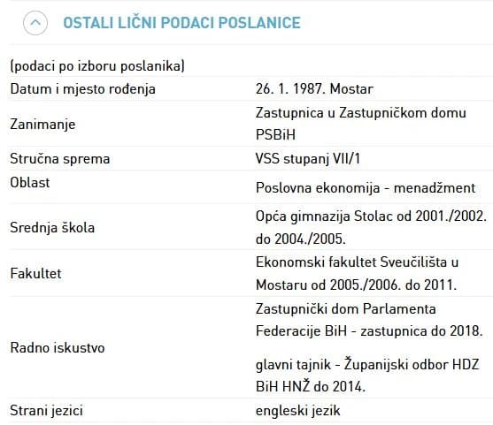 Lični podaci navedeni na web stranici PSBiH