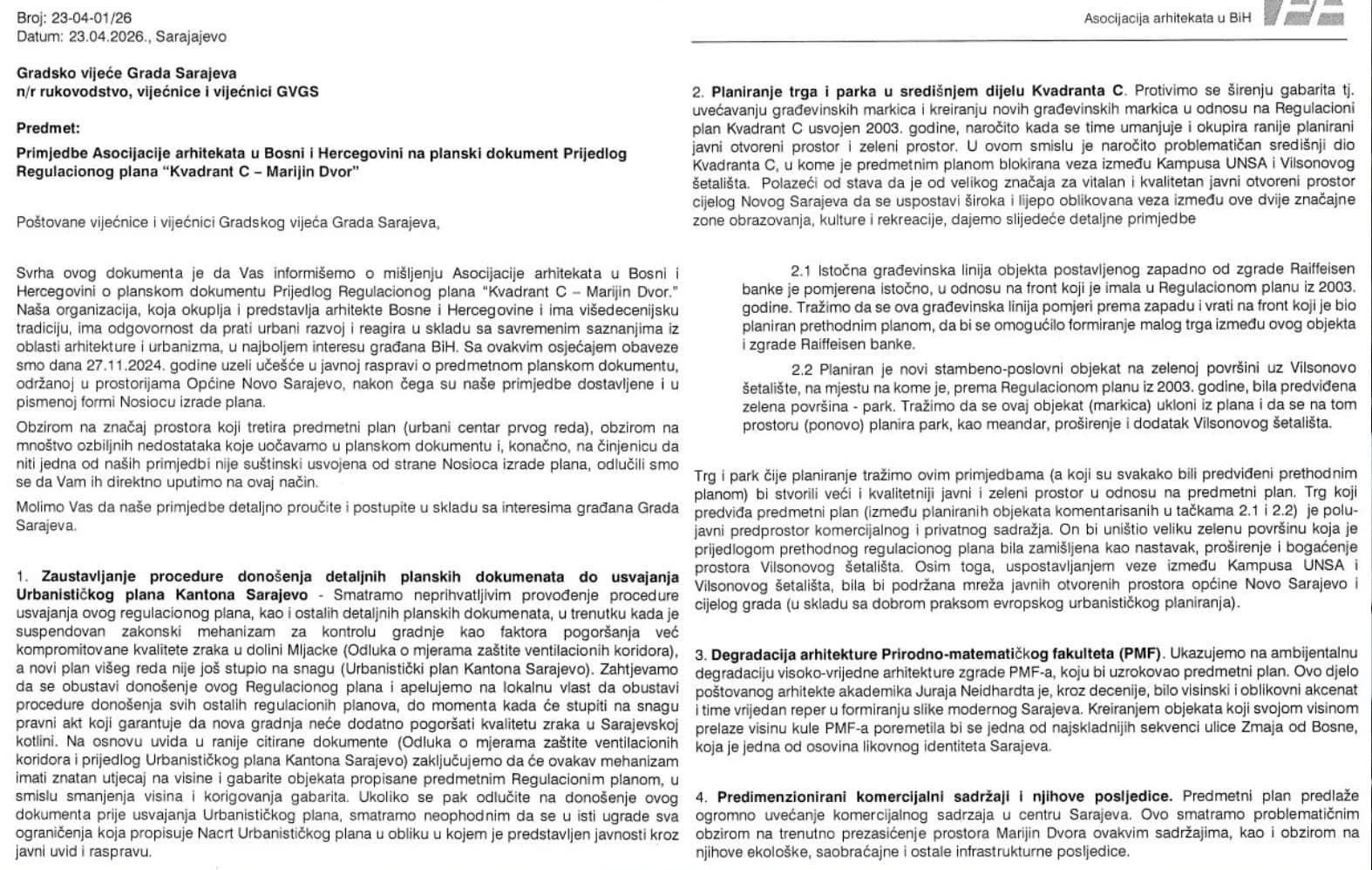 Izjašnjenje Asocijacije arhitekata u BiH
