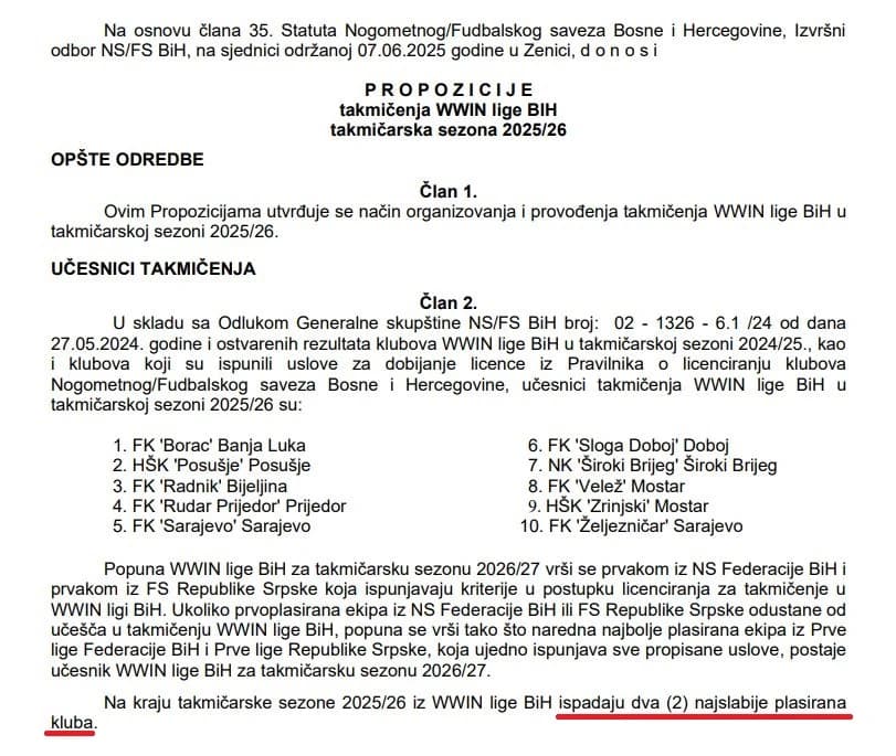 Evo šta piše u Propozicijama FSBiH