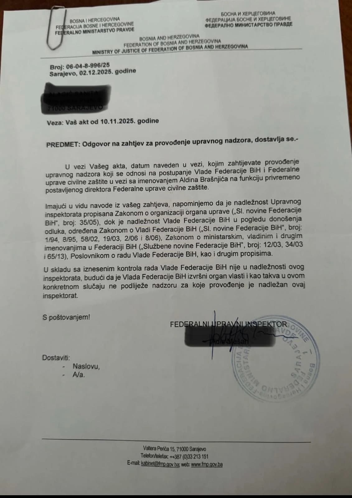 Odgovor inspektorata