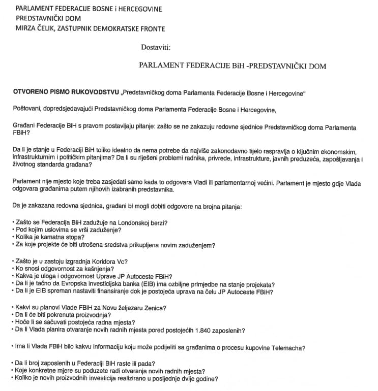 Pismo Parlamentu FBiH