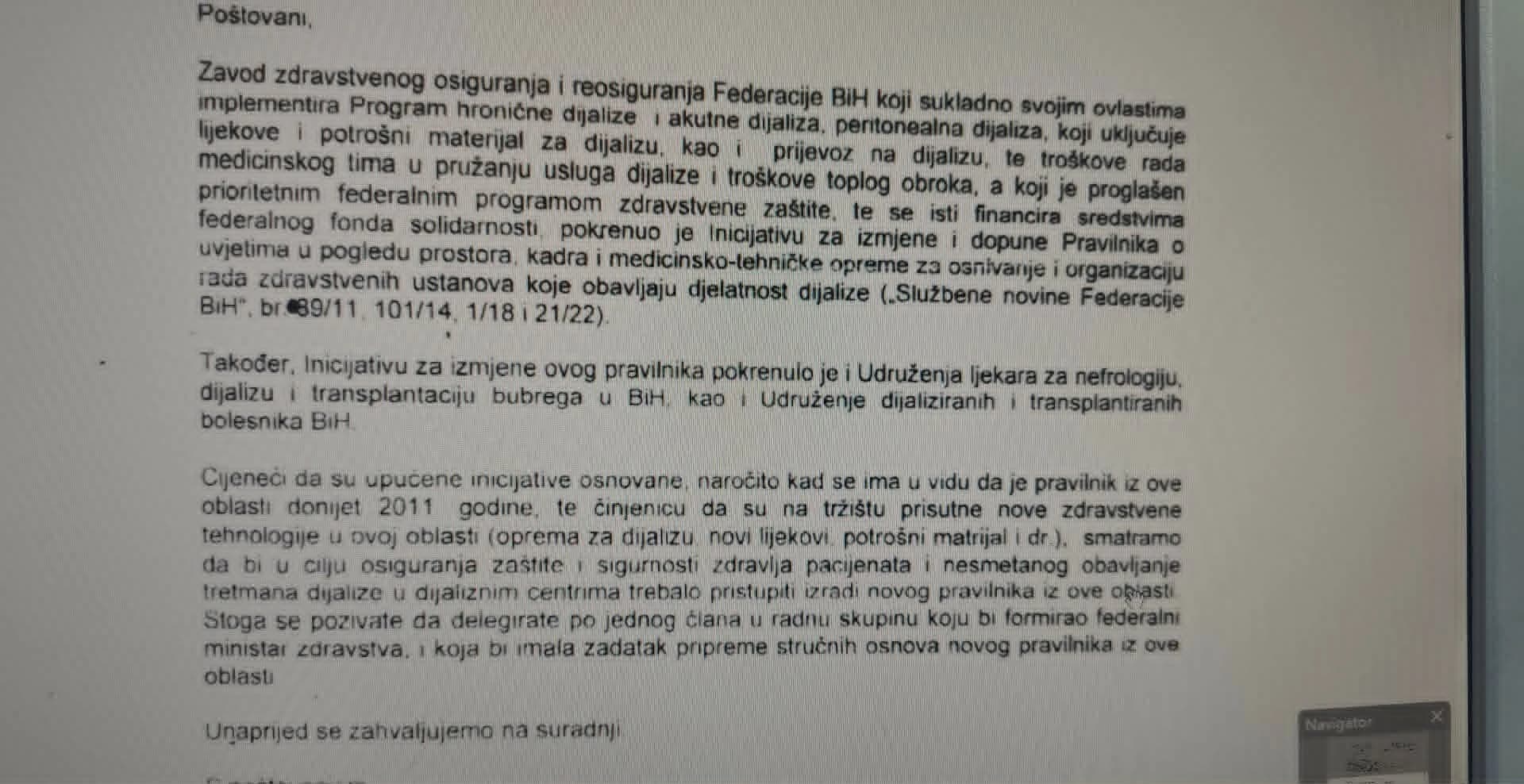 Jedan od dopisa kojeg je Udruženje uputilo Federalnom ministarstvu zdravstva
