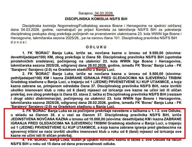 Ovo je odluka FSBiH od 4. marta 2026. godine