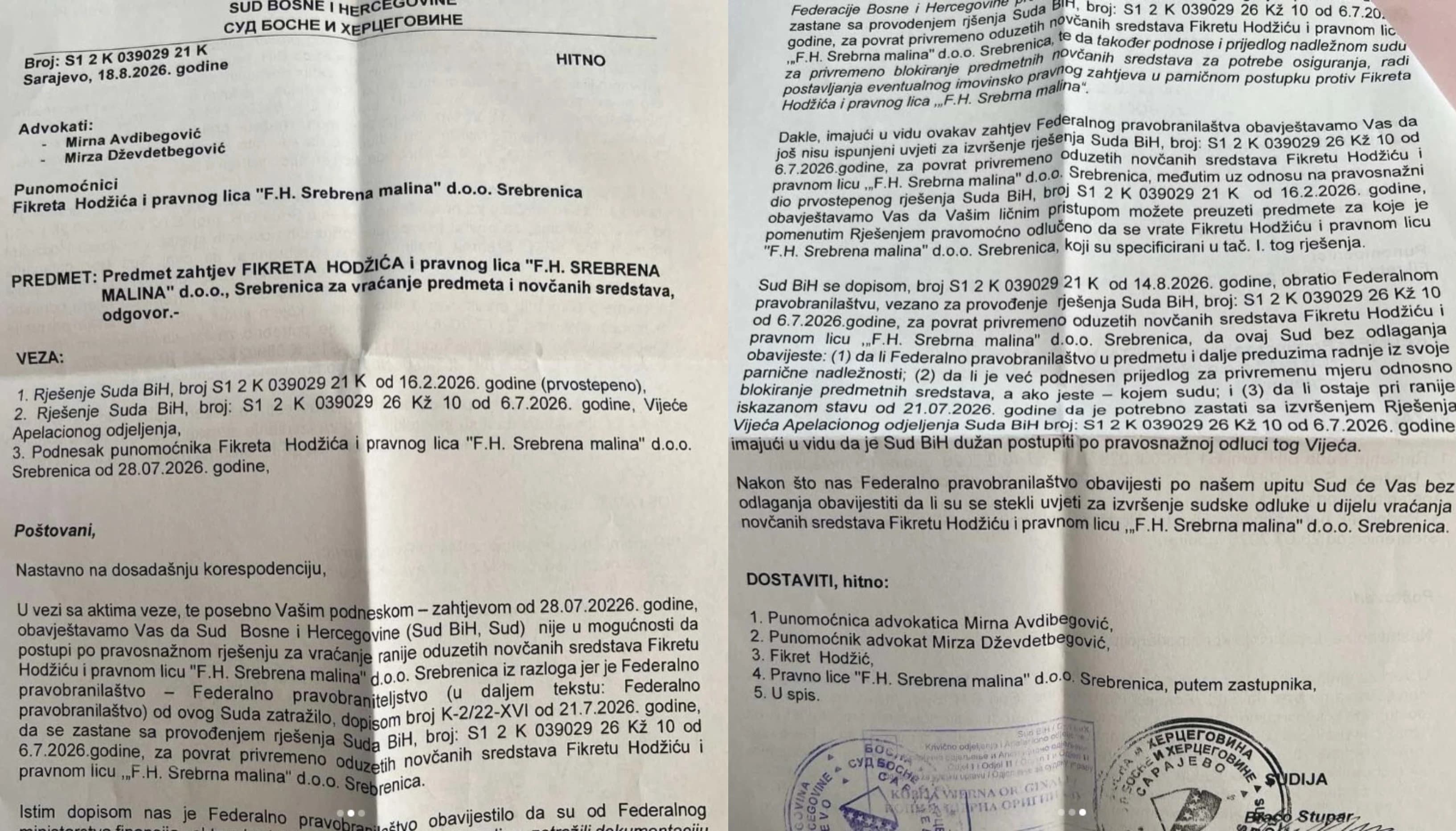 Odgovor Suda BiH na zahtjev Hodžića i njegovih advokata