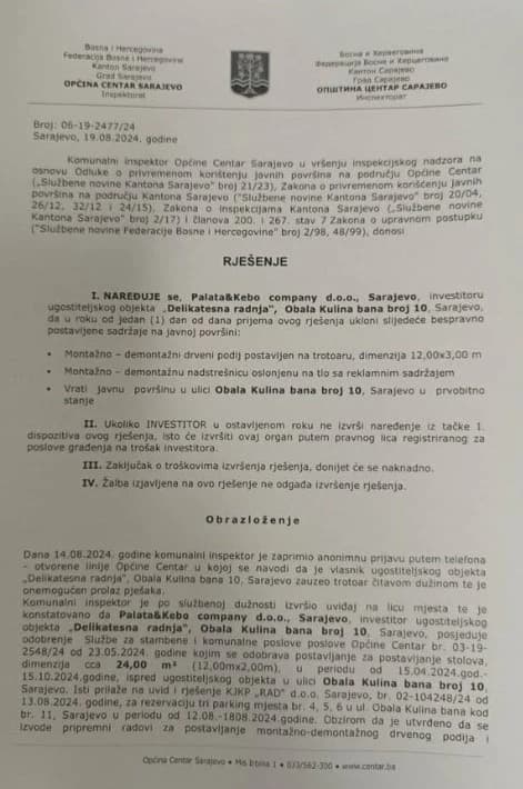Rješenje Općine Centar iz 2024. godine