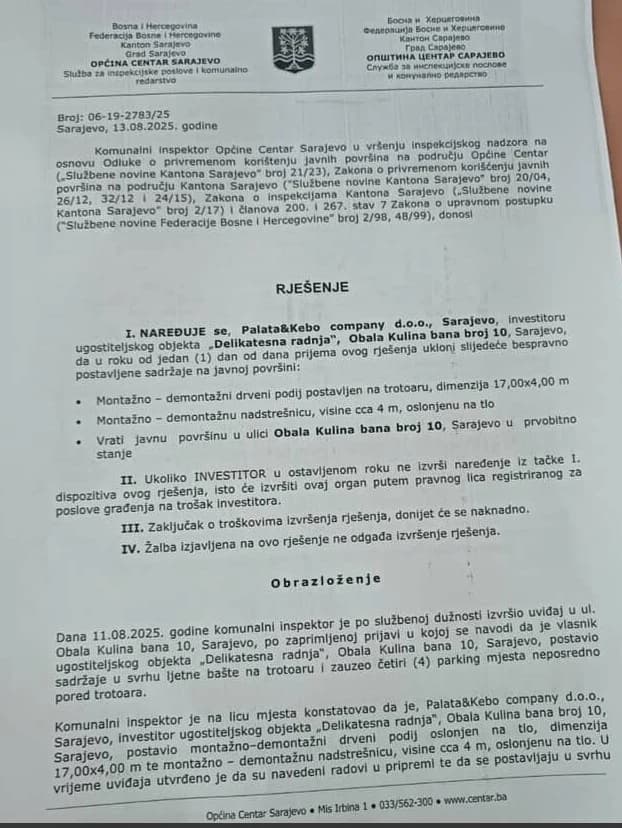 Rješenje Općine Centar iz 2025. godine