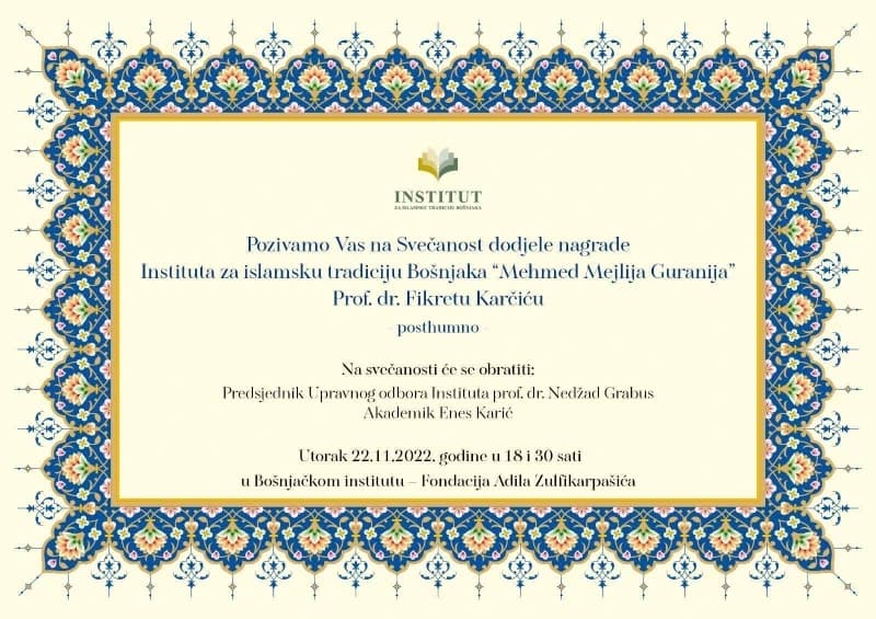 Posthumna dodjela nagrade "Mehmed Mejlija Guranija" prof. dr. Fikretu Karčiću 22. novembra