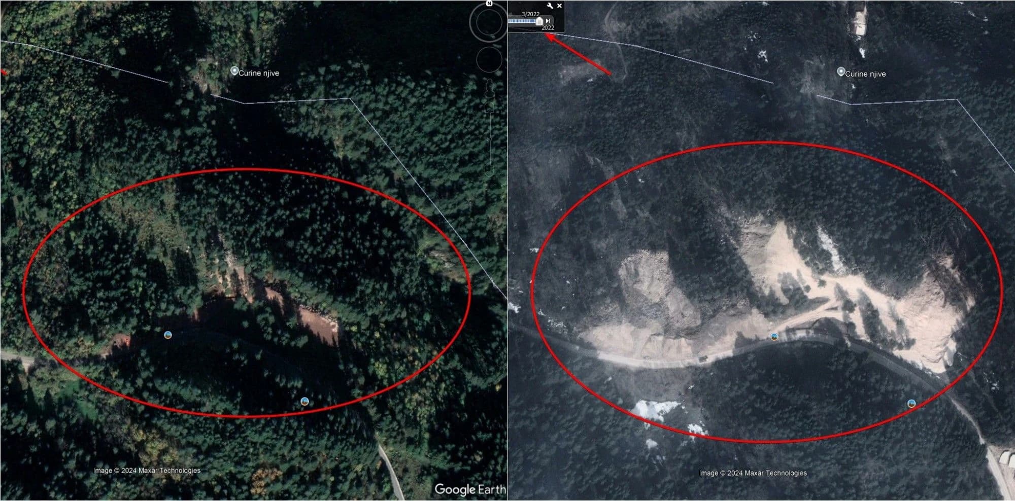 Lokacija Trebević Hillsa - prva slika je iz marta 2021, a druga iz marta 2022. (Izvor: Google Earth)