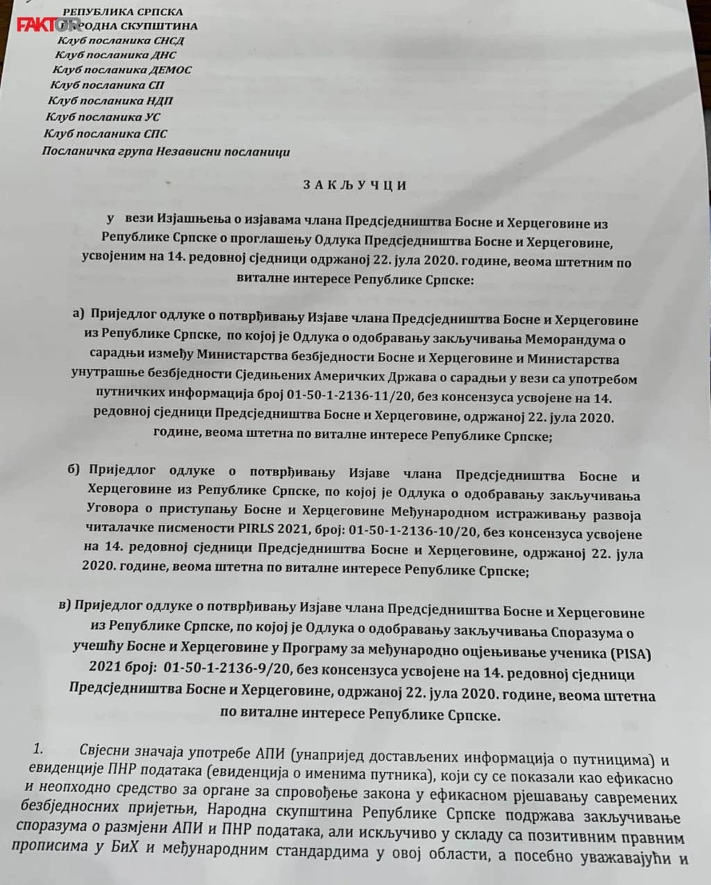 Zastupnici NSRS-a potvrdili Dodikove izjave o vitalnom entitetskom interesu 