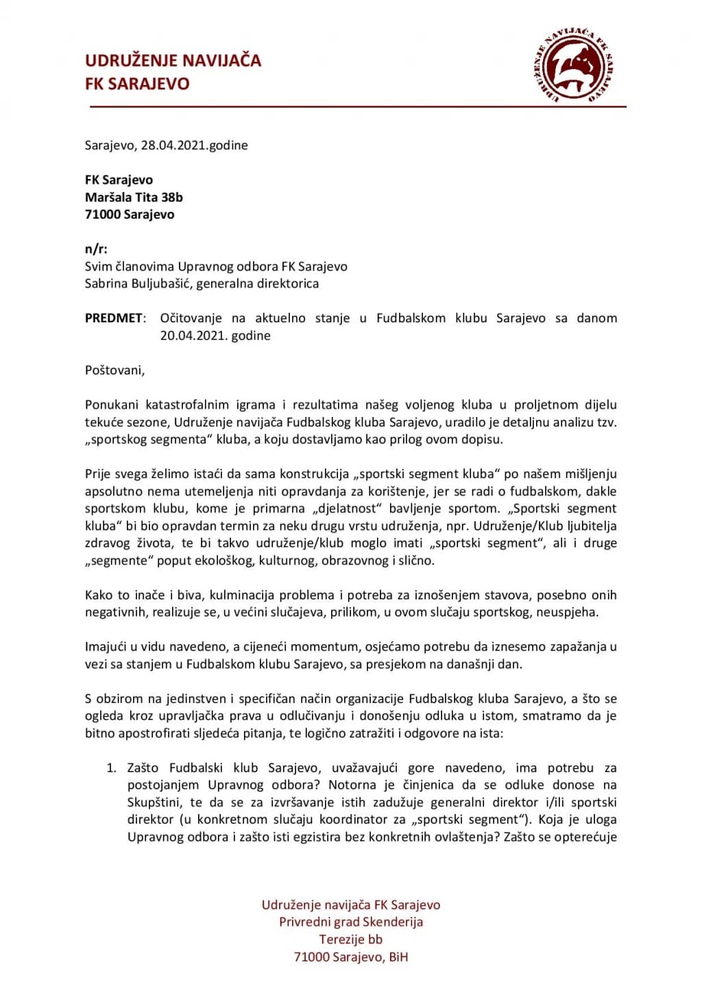 Navijači Sarajeva od čelnika kluba traže odgovore na brojna pitanja
